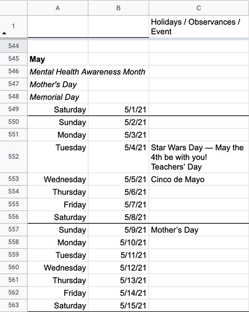 marketing calendar spreadsheet with dates and holidays