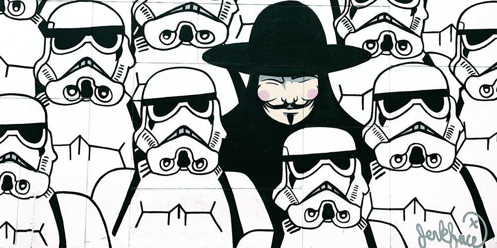 mural of Guy Fawkes with storm troopers